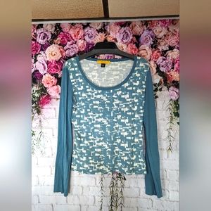 ST. JOHN teal and white Geometric Print long Sleeve T-Shirt Rayon Blend Womens